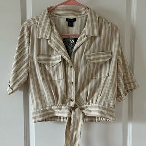 Cream Striped Button Up Crop Top Large
